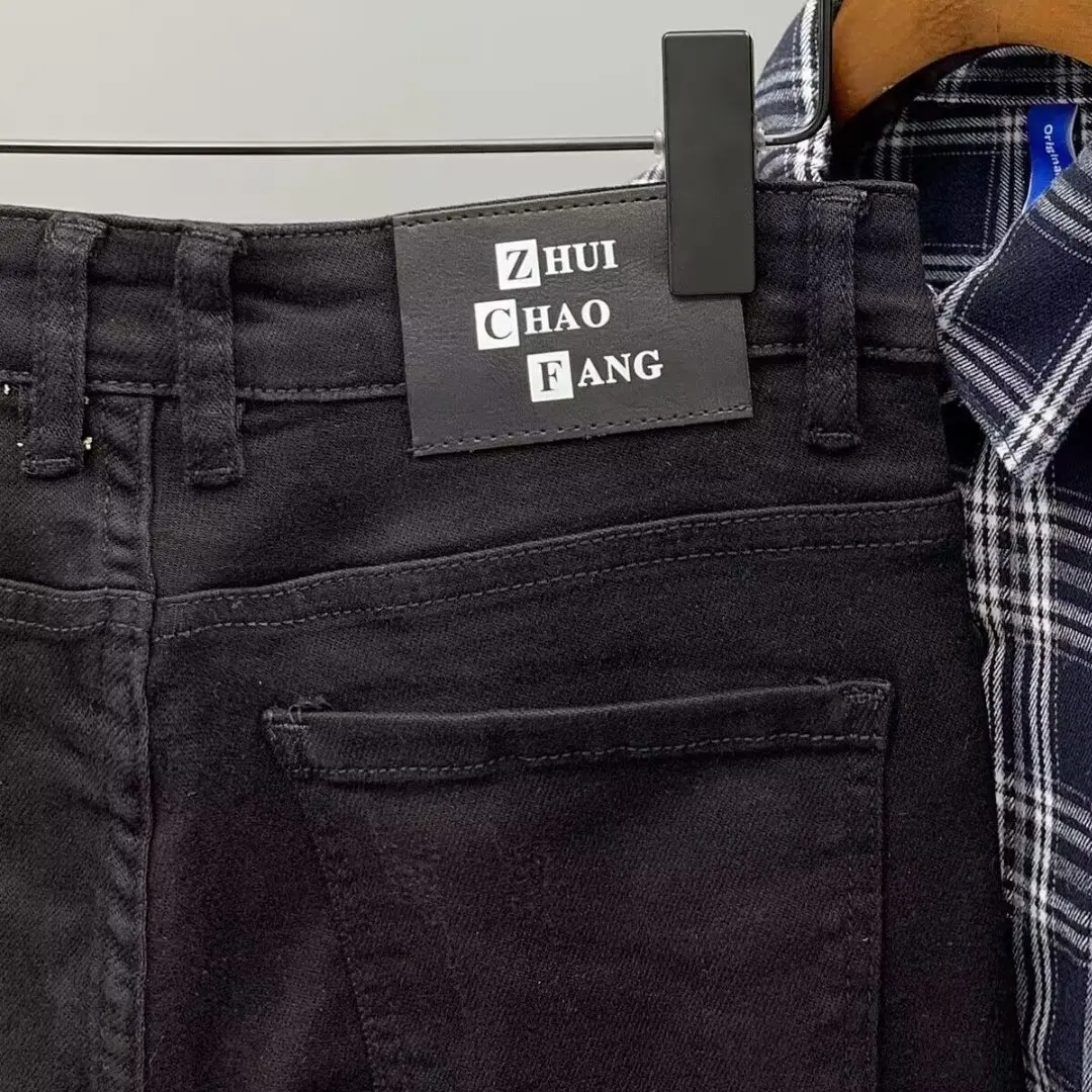 New Black Zipper Men's Fashion Slim Hole Pants Handsome Ripped Skinny Design Straight Trousers