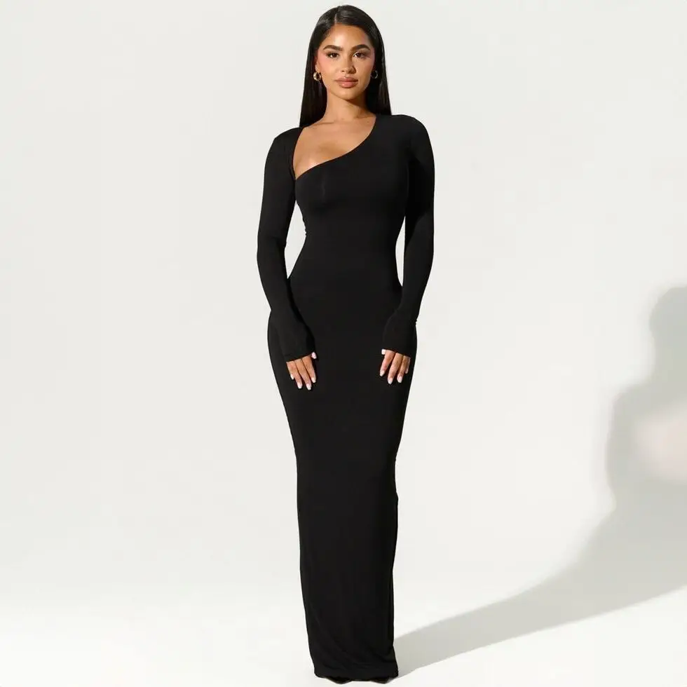 

Новинка осени 2020, женское пикантное приталенное платье с длинным рукавом и диагональным вырезом для девушек, модное платье с разрезом