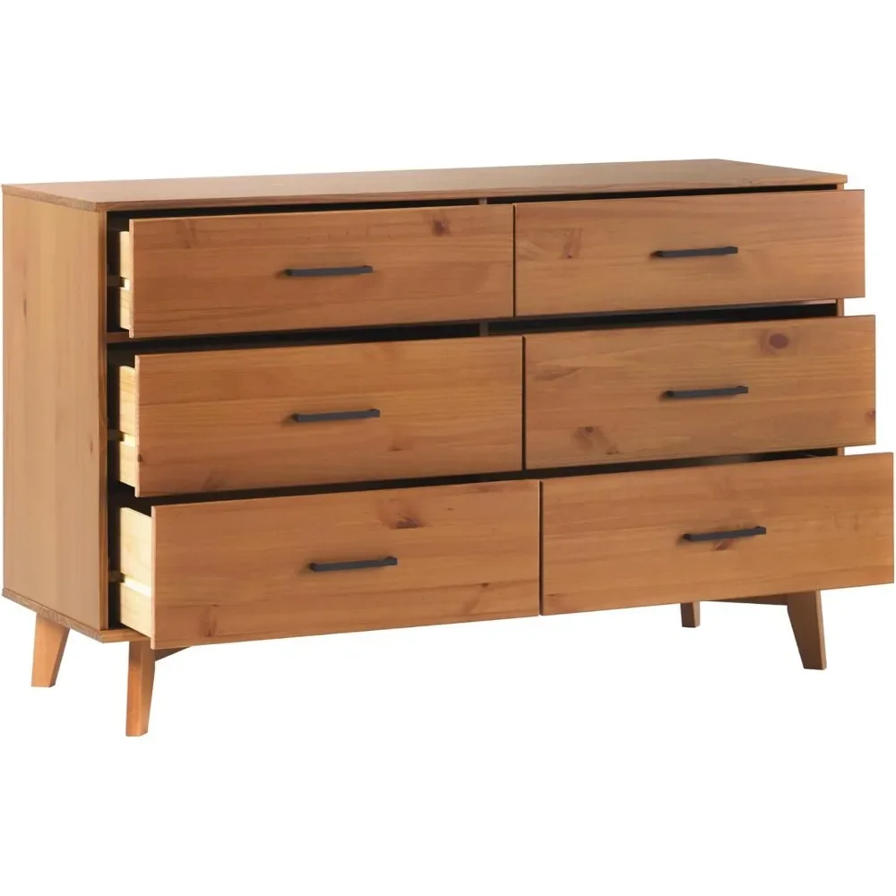 Modern Solid Pine Wood 6-Drawer Dresser with Metal Handles and Generous Storage Space, 52 Inch, Caramel Finish 6