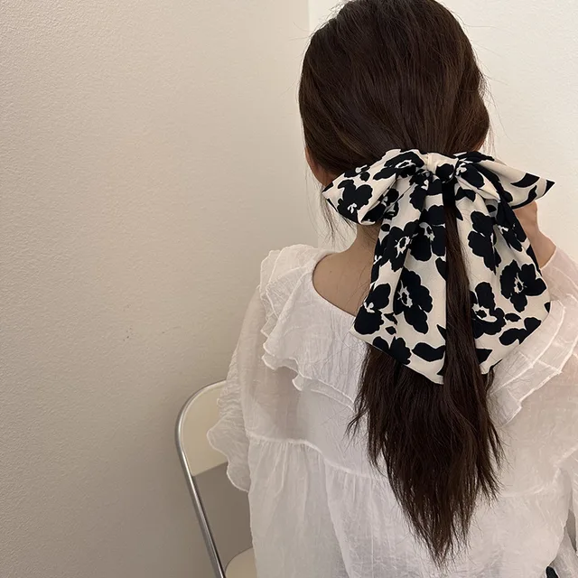 Woman Bowknot Scrunchies Black White Ribbon Hair Ties Hair Bands for Girls Hair Accessories Headwear 3