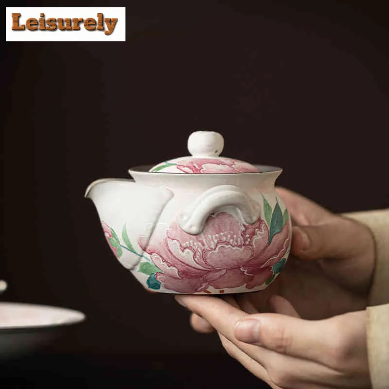 200ml Old Rock Clay Light Makeup Peony Handheld Teapot Antique Tea Infuser Pot Tea Soaking Kettle with Strainer Teaware Craft