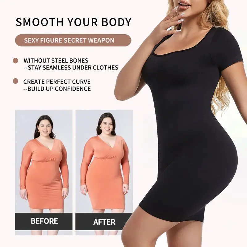 Description Picture 4 of itemBody Shaper For Women Under Dress Seamless Shapewear Control Slips Short Sleeve Square Neck Tummy Control Full Slip