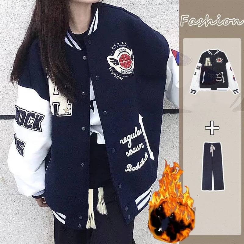 Autumn and Winter Suit Girls' Korean Baseball Uniform Plush Thickened Jacket Ins Dynamic Rope Wide Leg Pants Two-piece Set