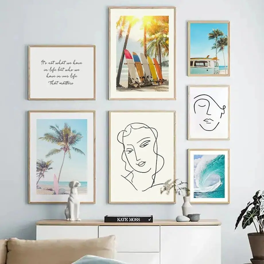 

Abstract Surfboard Beach Canvas Art Nordic Sunshine Line Art Wall Decor for Living Room