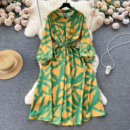 2024 Muslim Dubai Türkiye New Women's Dress Waist Design Printed Chiffon Skirt Drape Feeling Big Skirt Dress for Women