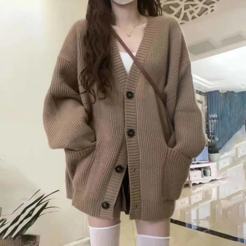 Autumn Winter Women Cardigan Sweater Coats Korean Female Long Sleeve V-neck Loose Knitted Jackets Casual Sweater Cardigans 후드티 men s high quality winter thicker warm stand up collar cardigans men cardigan sweaters jackets slim fit casual sweatercoats 3xl