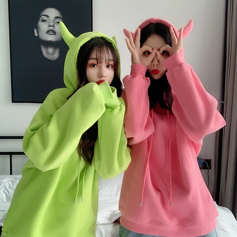 

Oversized Hoodie Solid Kawaii Horn Head Women's Sweatshirt Loose Pullovers Plus Velvet Winter Long Sleeve Top Woman Clothes