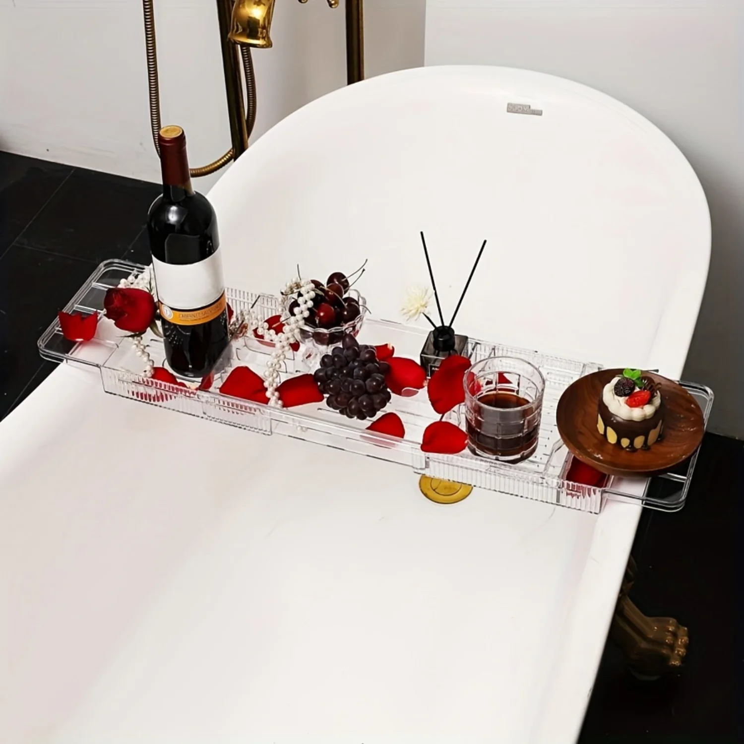 1PC Retractable Bathtub Rack-Space-Saving Bathroom Organizer with Adjustable Shower Tray, Bucket Holder, and Board-Durable