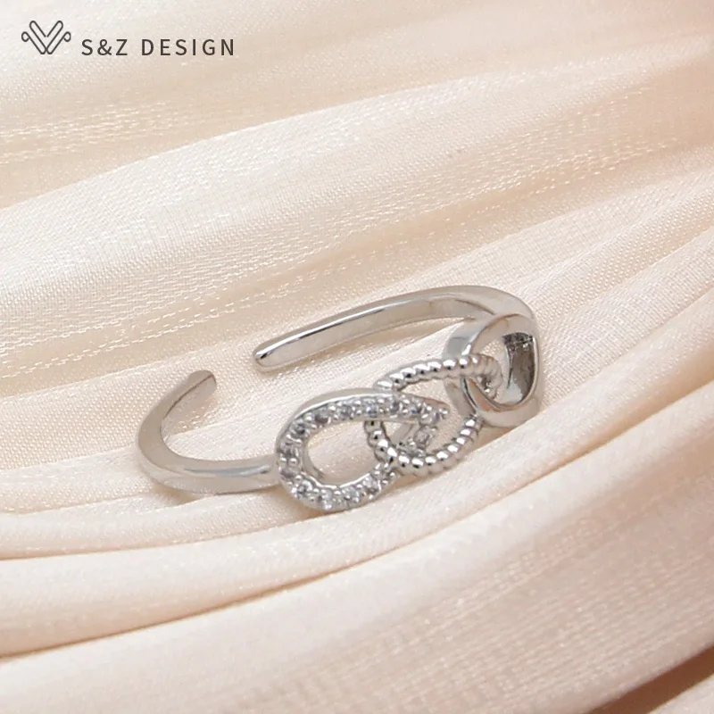 S&Z DESIGN New Fashion Temperament Wax Inlay Water Drop Cubic Zirconia Adjustable Rings For Women 585 Rose Gold Color Jewelry