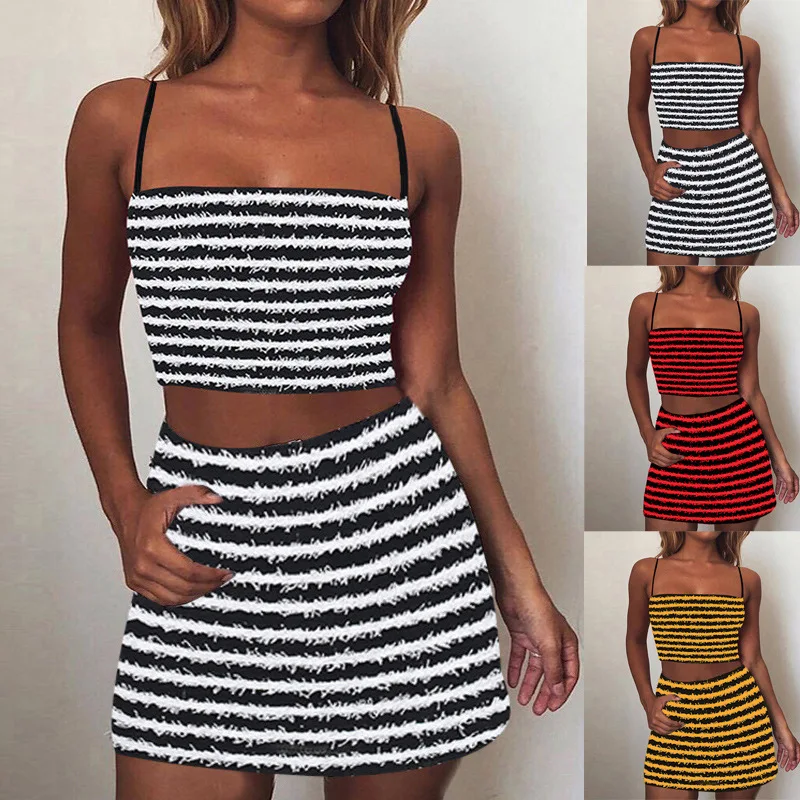 Women's Short Skirt Set Summer New Muscle Striped Halter Skirt Set Sleeveless Top and Half-body Skirt tankinis summer vibes striped drawstring halter tankini set in multicolor size l m s