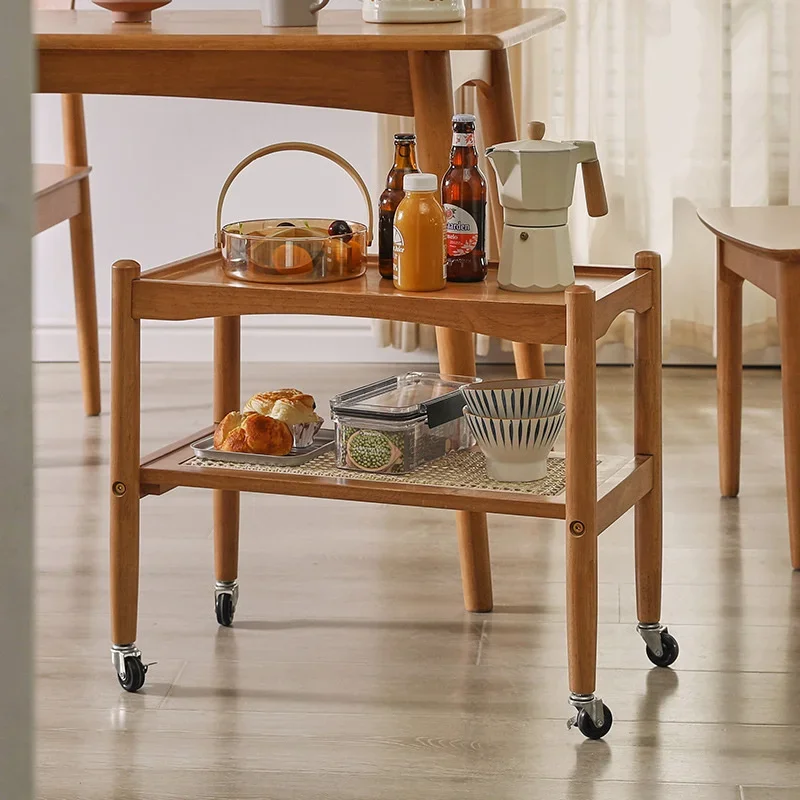 Solid Wood Removable Sofa Coffee Table Double Layer Rattan Woven Living Room Low Table Walnut Wheel Tea Cart