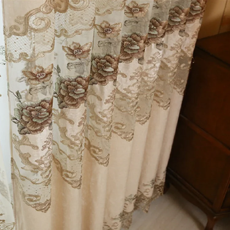 European Style Curtains for Living Dining Room Bedroom Luxury Embroidered Beige Chenille Curtain Valance French Window Tulle 