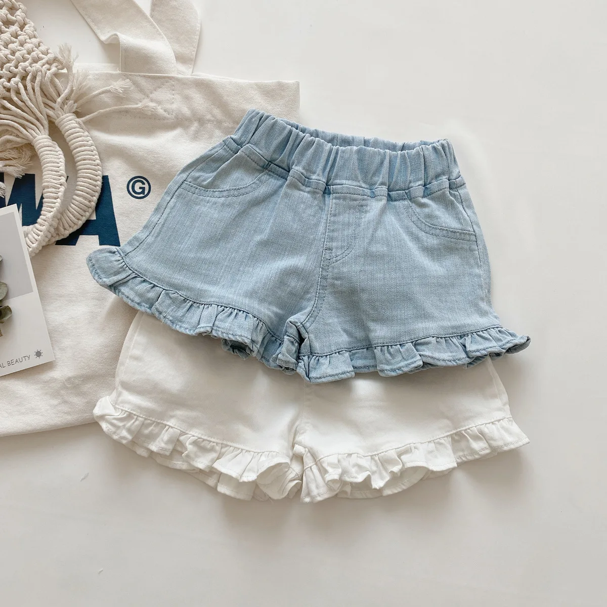Kids Babys Girl Denim Shorts Summer Cotton Lace Hem Elastic Waist Thin Cool Solid Toddler kids shorts
