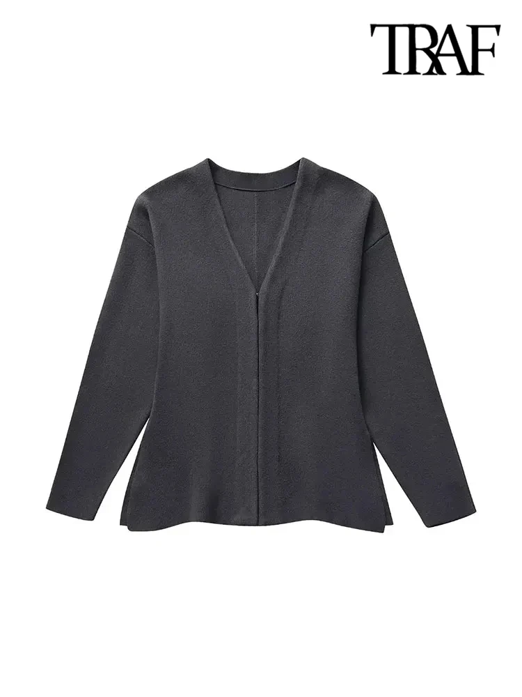 TRAF-Women's Front Hook Fitted Knit Cardigan Sweater, V Neck, Long Sleeves, Side Split Hem, Female Outerwear, Chic Tops, Fashion 4