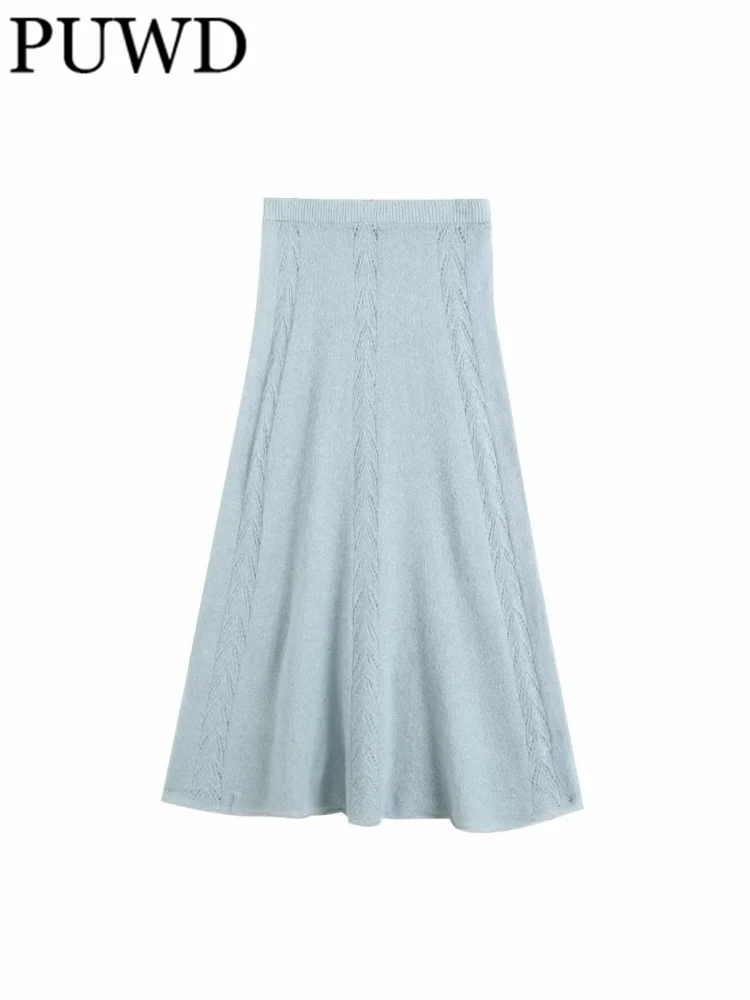 

PUWD Women Fashion Blue Jacquard Knit Midi Skirts 2023 Spring Vintage High Waist Solid Color Female Bottoms Mujer