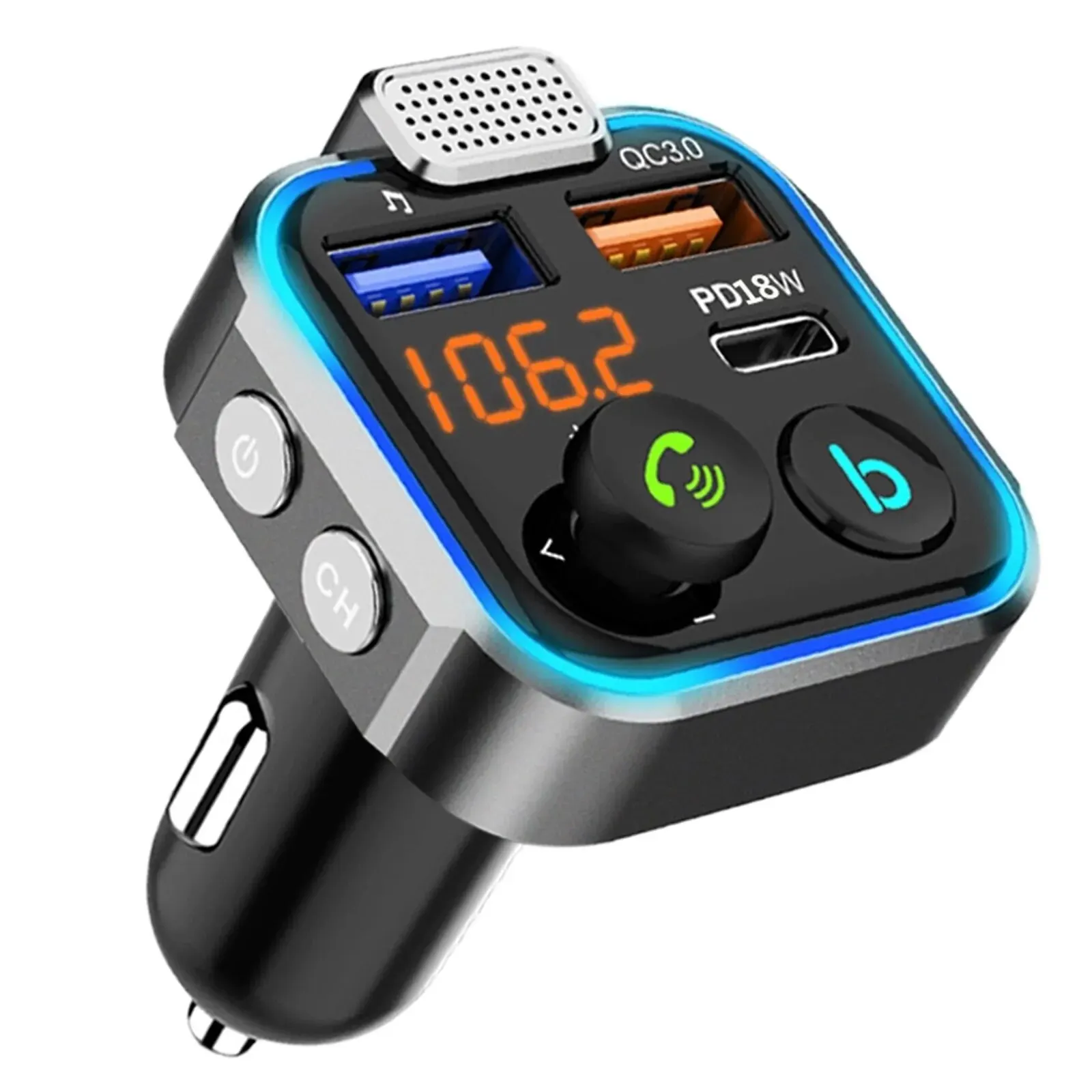 Transmetteur FM Bluetooth pour voiture, [anneau lumineux Blauw ] kit mains  libres pour