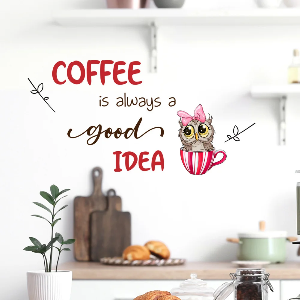 Cute Coffee Owl Bow Wall Sticker For Kitchen Restaurant Background Home Decoration Mural Cafe Room Decor Self-adhesive Wallpaper