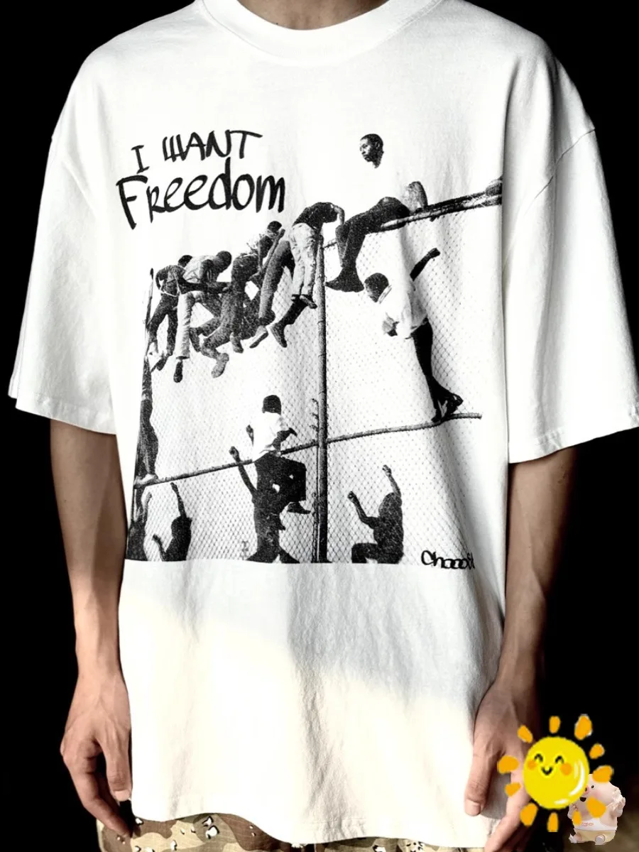 

Верхняя версия 24SS I WANT FREEDOM SAINT футболка с Майклом, мужская и женская белая модная футболка оверсайз, топы, уличная одежда, футболка