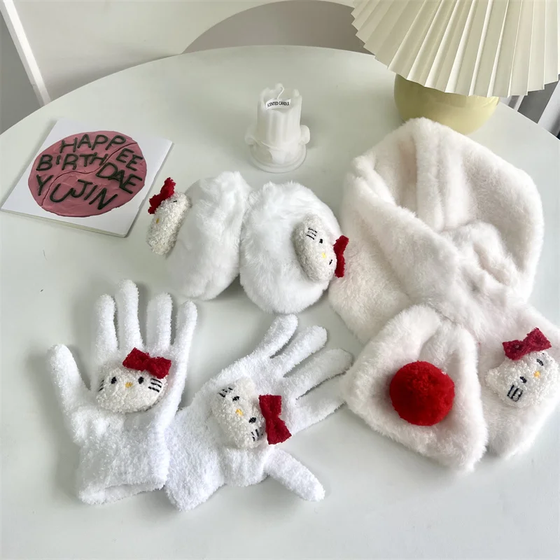 

Hello Kitty Women Gloves Scarf Ear Warmers 3Pcs/set Winter Loveliness Cartoon Girl Keep Warm Plush Gift Cycling Keep Warm