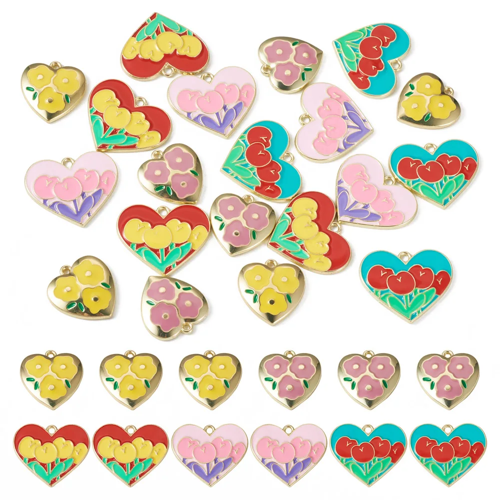 

Pandahall 20Pcs Heart With Floral Zinc Alloy Enamel Pendants Heart Light Gold Color Metal Charm For Necklace Jewelry Making Gift