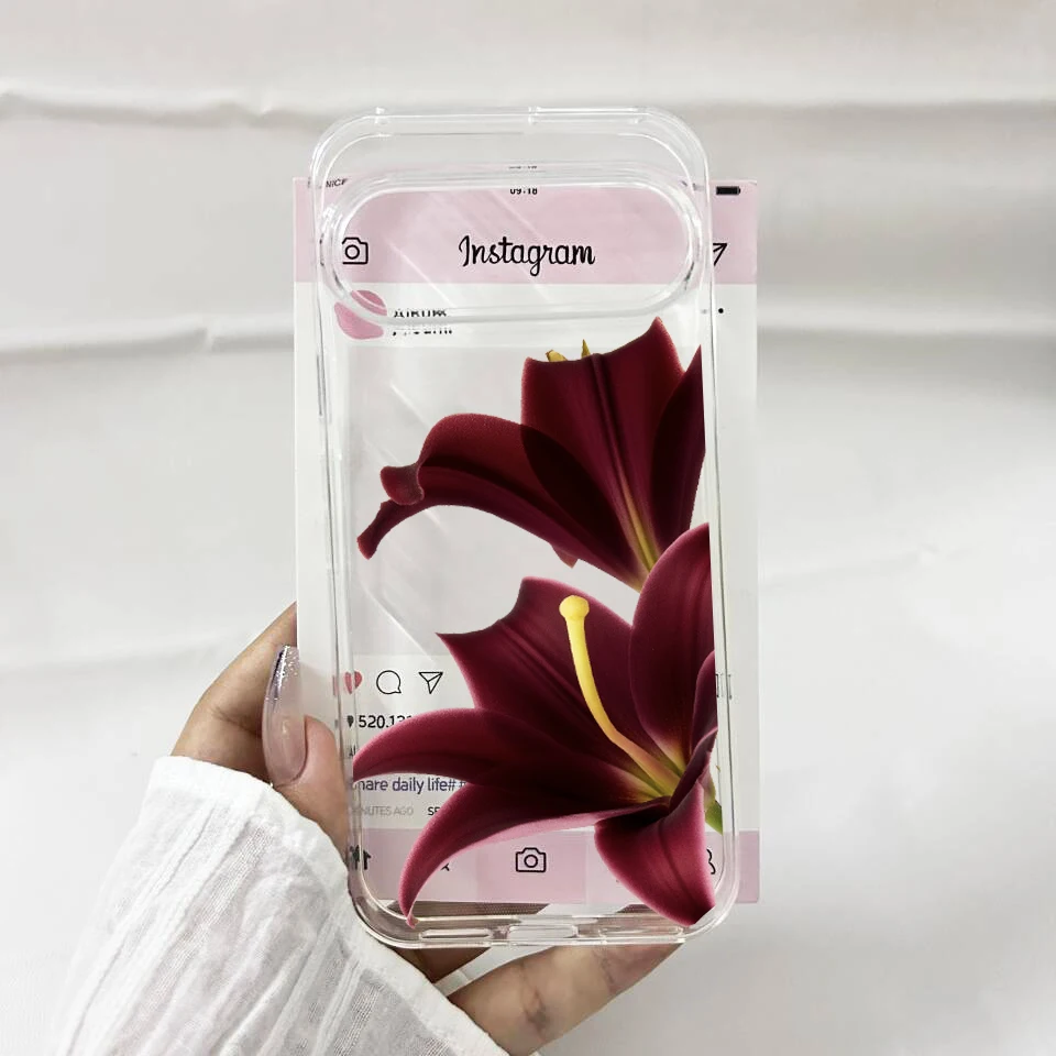 Pink Lily Flower Pattern Clear Soft TPU Phone Case - Cute Floral Design Cover