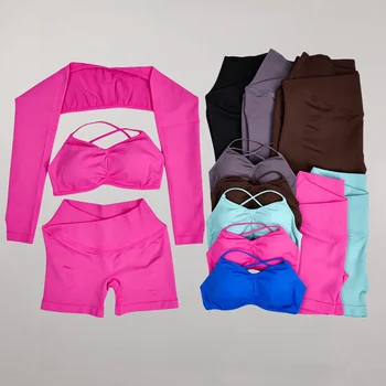 Yoga Vision Shrug 3 Pieces Top Leggings Gym Set Women's Seamless High Elastic Longline Vest Buttock lift  Exercise Shorts Set 1