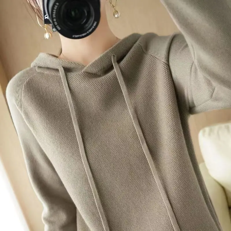 

Autumn winter new hooded and thickened knit Cashmere Hoodie Women's Loose Hooded Knitted Jacket Thick Sweater Outer Wear D66