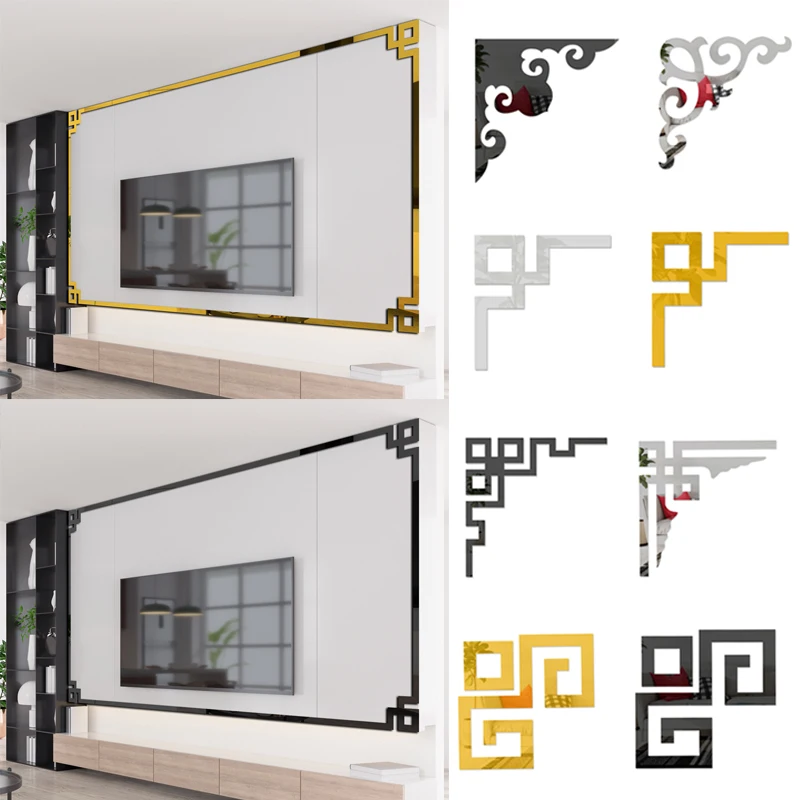 Furniture Decoration Mirror Sticker 3D Wallsticker Acrylic Self-adhesive Mirror Gold Sliver Sticker Cabinet Corner 4PCS wall sticker mirror wall sticker acrylic wall sticker