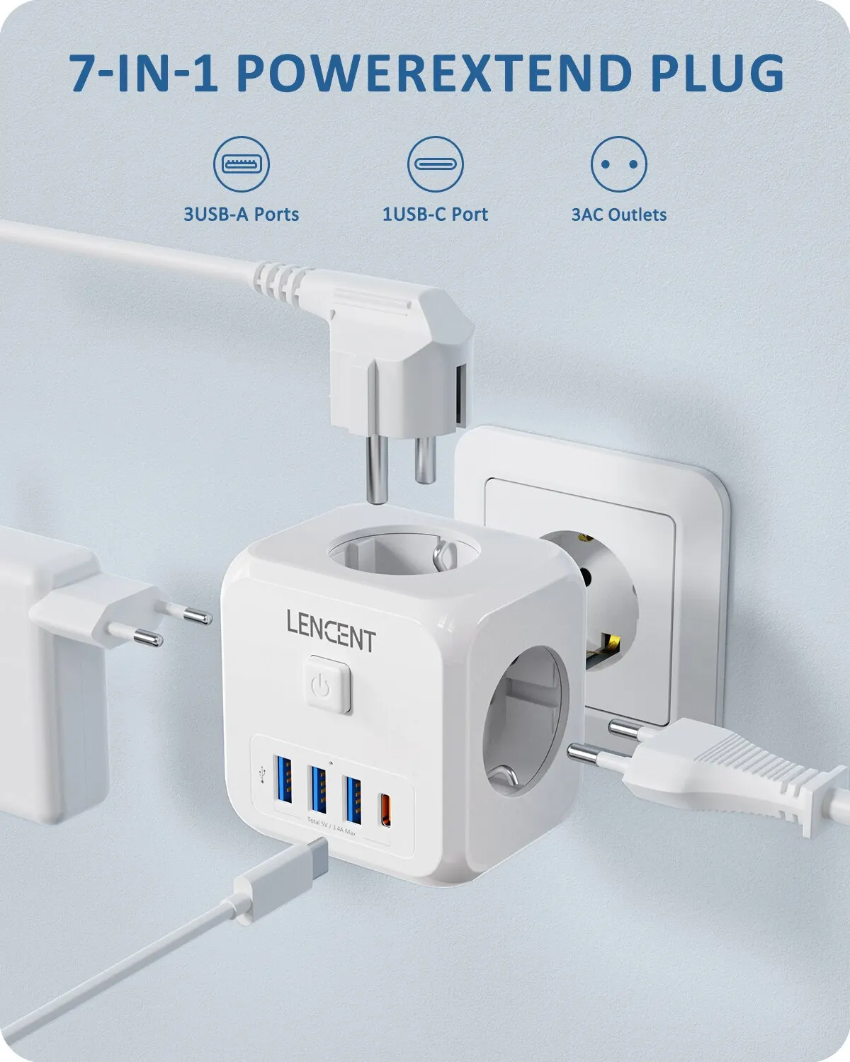 LENCENT-Prolongateur de prise murale avec 3 prises AC, 3 ports USB