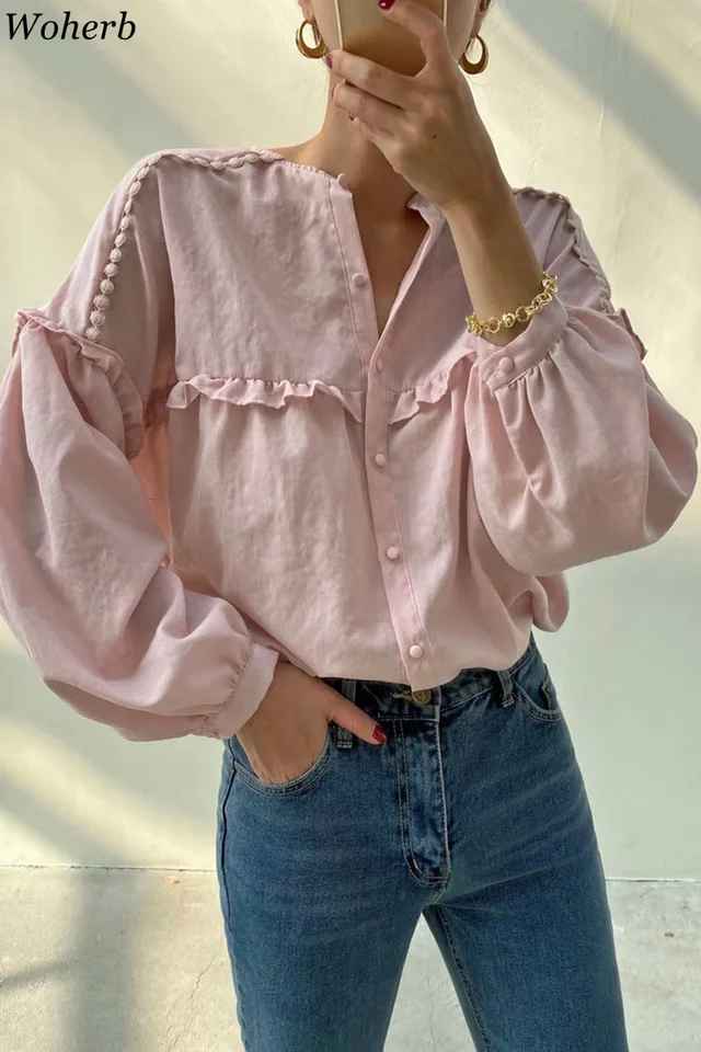 Woherb O-neck Shirt Summer Casual All Match Tops Eleegant Ruffle