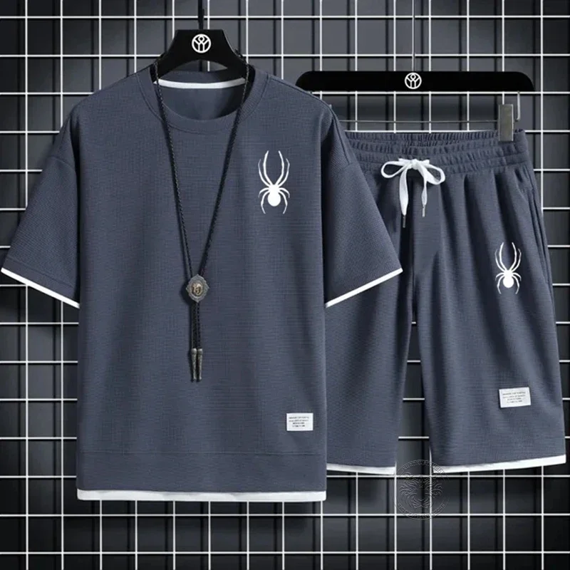 남성용 프린트 반팔 상의 및 반바지 투피스 세트, 캐주얼 와플 세트, 통기성 및 편안한 트레이닝 의류, 여름 M-3XL 