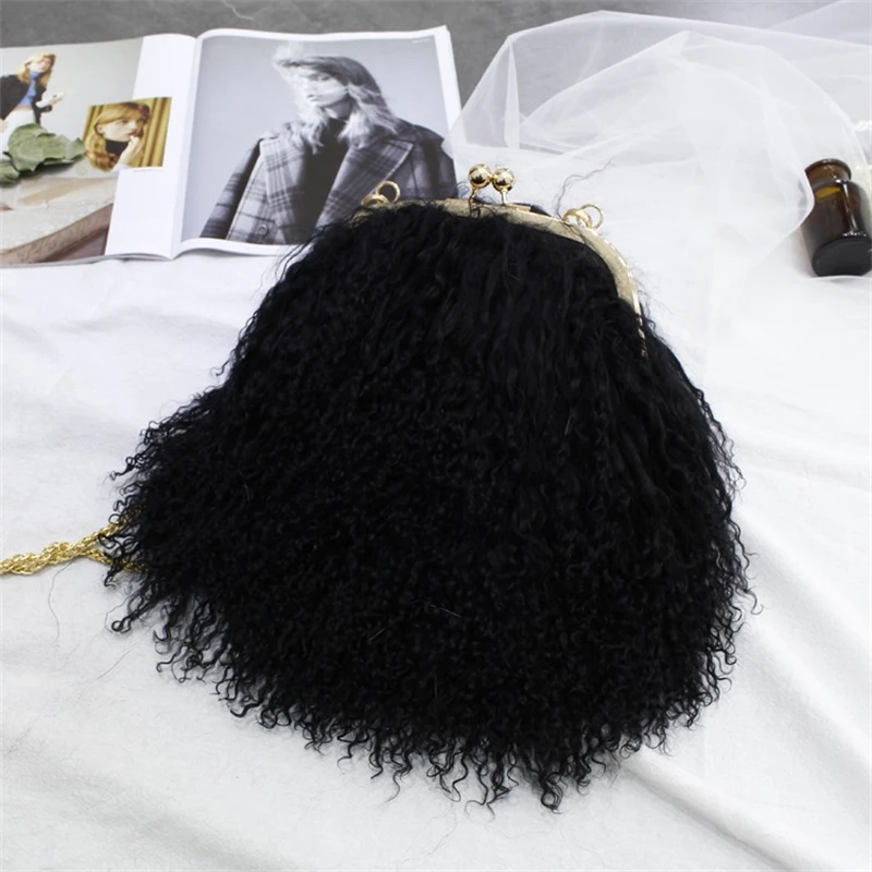 2023 New Fashion Fur Shoulder Bag Luxury Natural Rolled Wool Shoulder Bag Metal Chain Embellished Crossbody Fur Bag