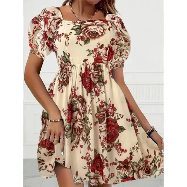 Plus Size 1XL-5XL Fashion Short Sleeve Floral Print Dress Ladies Casual Puff Sleeve Square Neck Dress For Spring & Summer