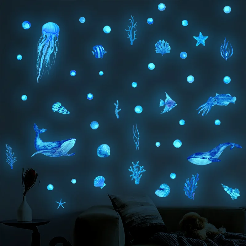 Ocean Creatures Glow in The Dark Wall Stickers Home Decor Luminous Fluorescent Sea Animals Decals For Baby Kids Room Decorations