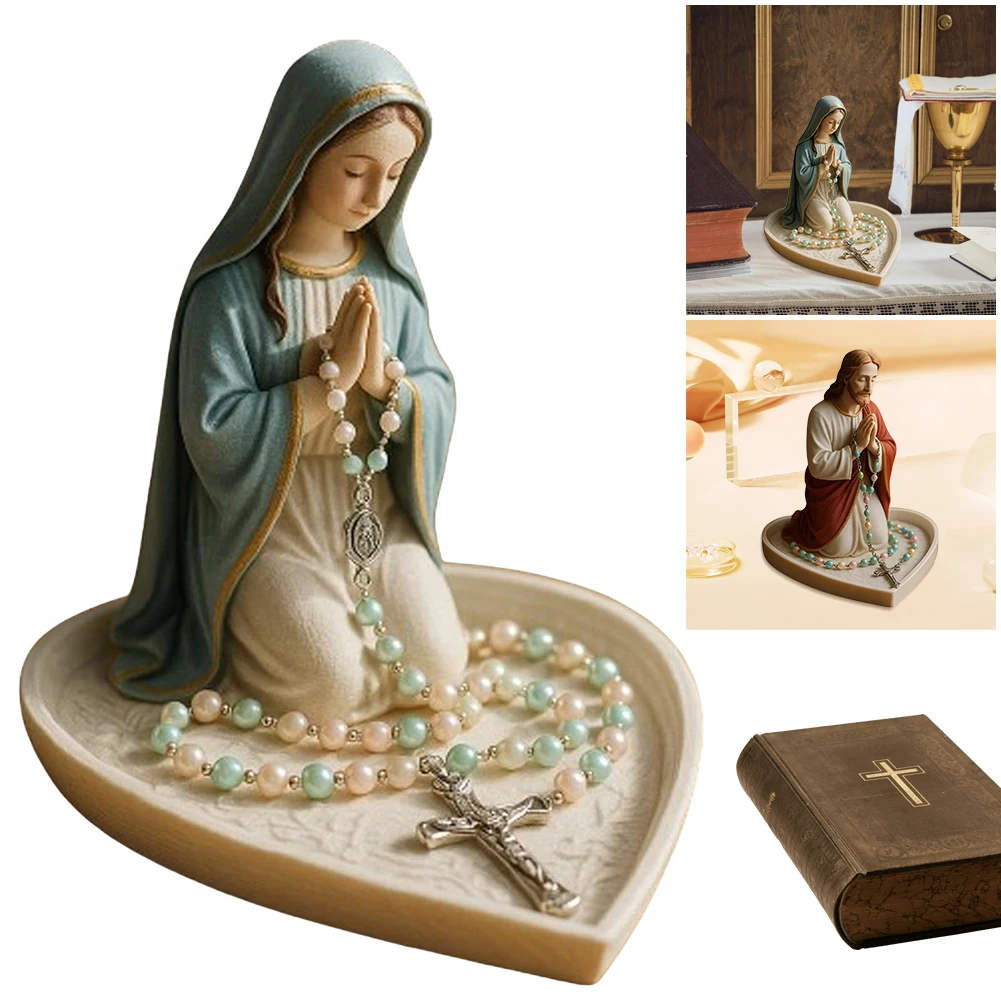 Virgin Mary Rosary Holder Statue Resin Elegant Our Lady Prayer Rosary Box Desktop Blessed Holy Mother Figure Catholic Home Decor