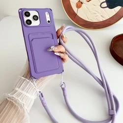 Soft Silicone Crossbody Phone Case with Strap and Card Holder - iPhone 15 Plus (Purple)