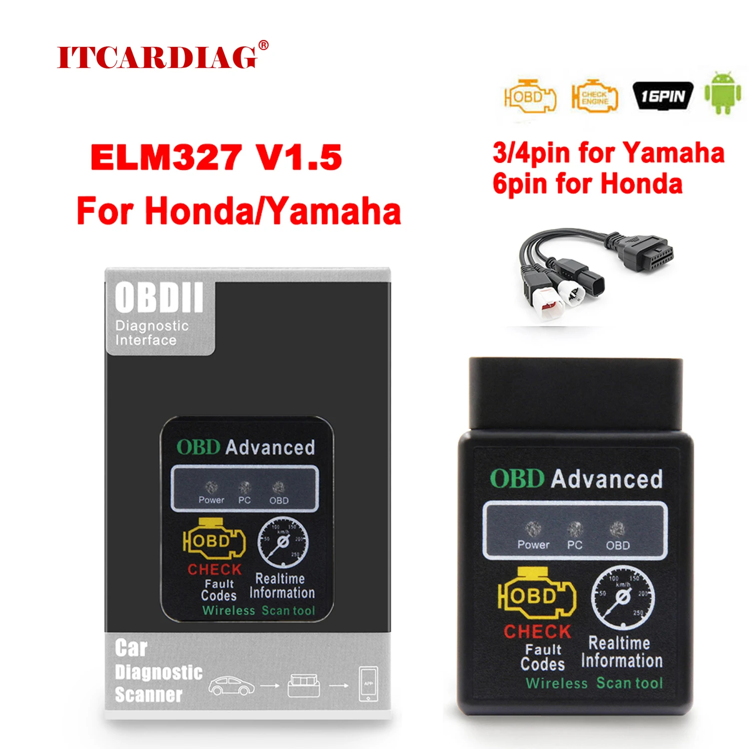 ELM327 V1.5 V2.1 OBD2 OBDII Bluetooth Auto Diagnostic scanner 12V Car  motorcycle Code Reader OBD2 adapter 16Pin Extension Cable