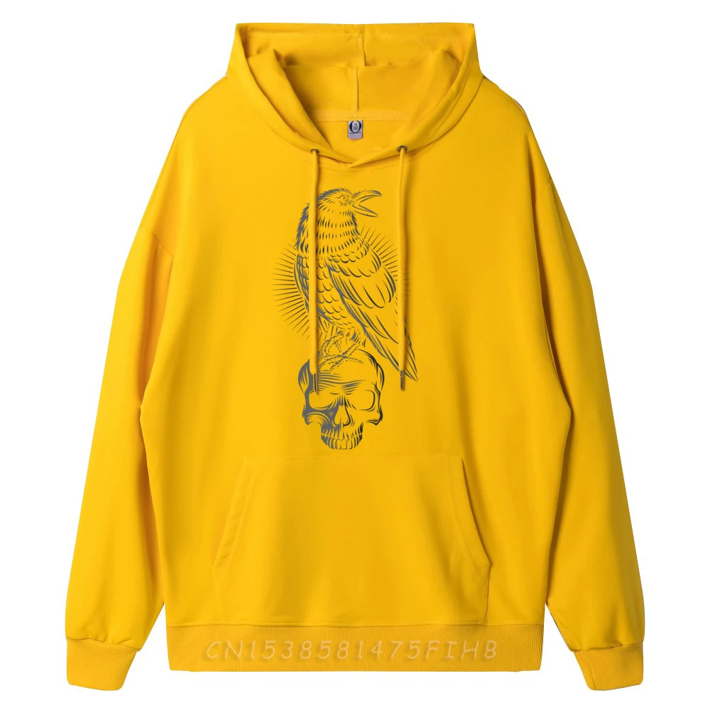 Black Raven Crow On Skull Hoodies Discount long Sleeve Graphic Crewneck Man Sweatshirt Printing Sweatshirts Mother Day Black Raven Crow On Skull Goth Aesthetic With Starburst huangse
