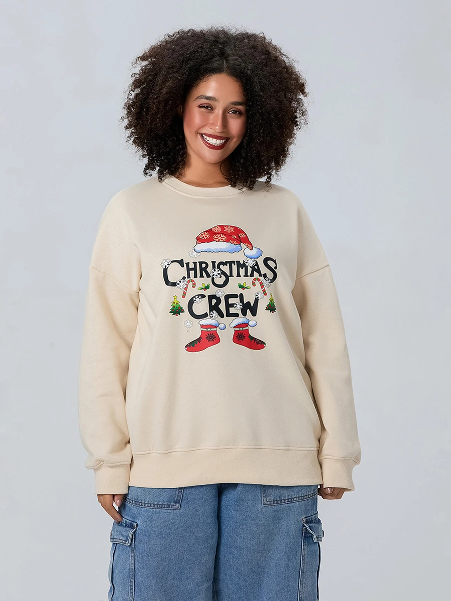 thumbnail image 1 of Sudadera navideña de manga larga con cuello redondo y estampado de gorro de Papá Noel para mujer, 1 of 4