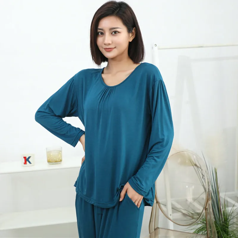 

Women Pijamas Modal Middle Aged Elderly Mothers Pajamas Long Sleeved Trousers Set Pleated Casual Sleepwear Household Clothes
