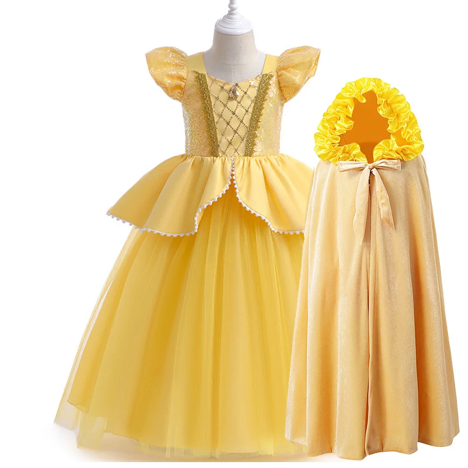 

Girl Cosplay Costume Beauty And Beast Beauty Princess Yellow Dress Accessories Set Halloween Party Dress Children's Clothing
