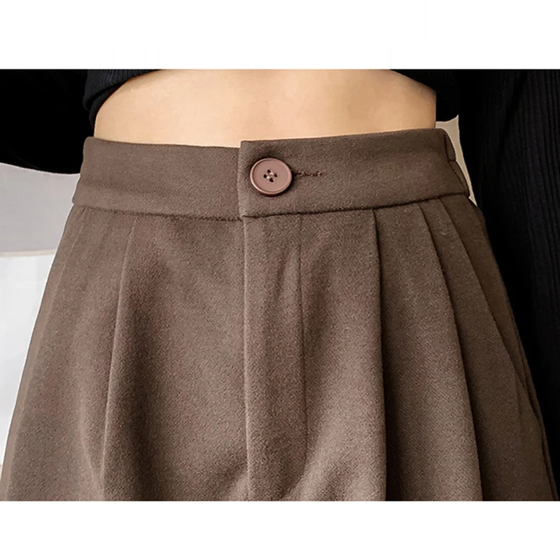 Autumn and Winter Women's Pants Casual Street Wear Loose High Waist Harem Pants Women's Solid Color Wool Black Brown Trousers