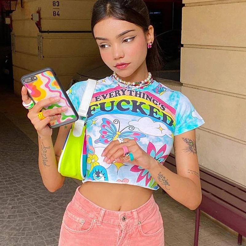 

MCLAOSI Women Fashion Print Round Neck Slim Fit Cropped T-shirt Kawaii Rainbow Graffiti Funny Tops Harajuku Punk Clothes