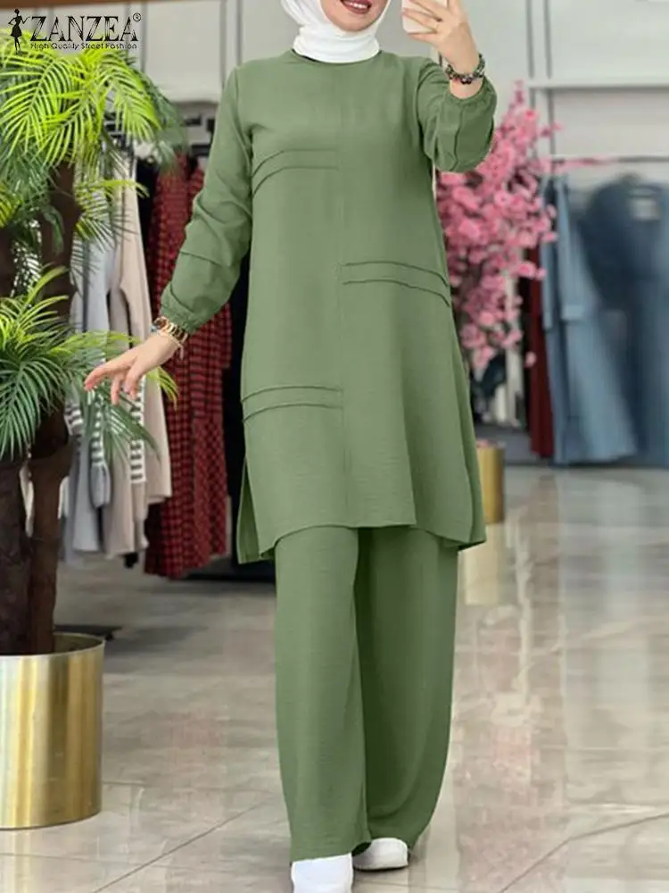 

ZANZEA Muslim Two Piece Autumn Sets Elegant Full Sleeve Blouse Wide Leg Pants Dubai Abaya Turkey Kaftan Women Matching Set