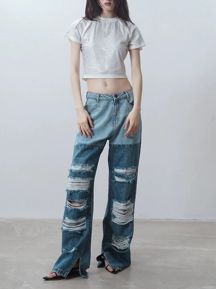 broken-hole-color-collision-splicing-women's-jeans-y2k-slim-straight-raw-edge-slit-blue-women's-trousers-2024-summer-new
