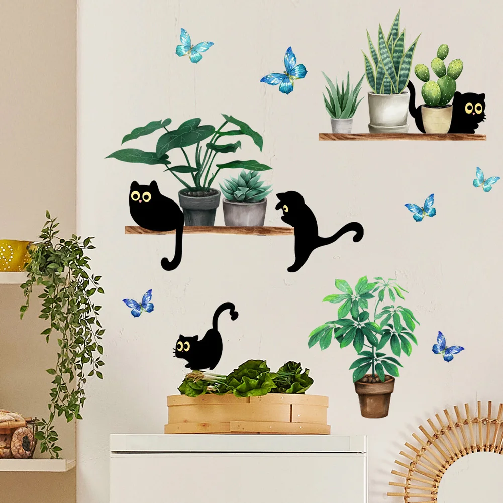 Green Plant Potted Black Cat Wall Sticker Living Room Background Decor Kitchen Home Decoration Wallpaper Self-adhesive Decals self adhesive wallpaper self adhesive stickers wall stickers adhesive wallpaper kitchen wall sticker