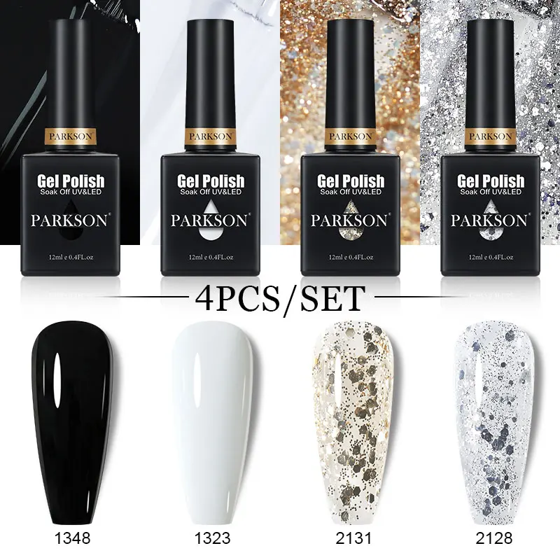 Parkson 누드 그린 젤 광택제 반투명 형광 글리터 래커, LED UV 매트 탑 코트, 베이스 코트, 바니시, 매니큐어, 4 개