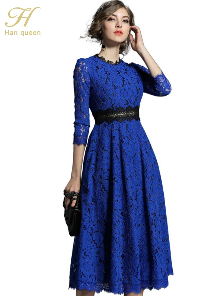 

H Han Queen 2018 Spring New Women's Lace Dresses Floral Crochet Hollow Out Vestido Patchwork Casual Slim Office Party Long Dress