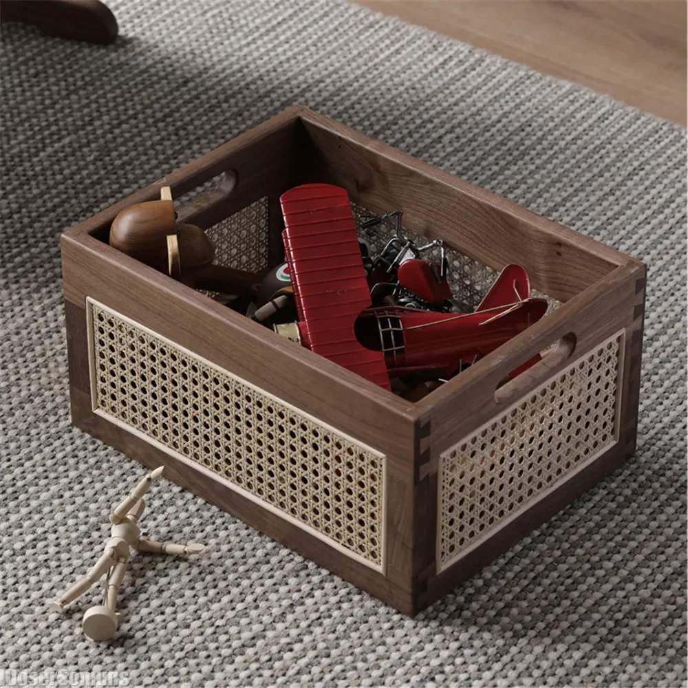 

Black Walnut Wooden Storage Basket Natural Vine Weaving Storage Box Desktop Japanese Style Wooden Toy Storage Basket