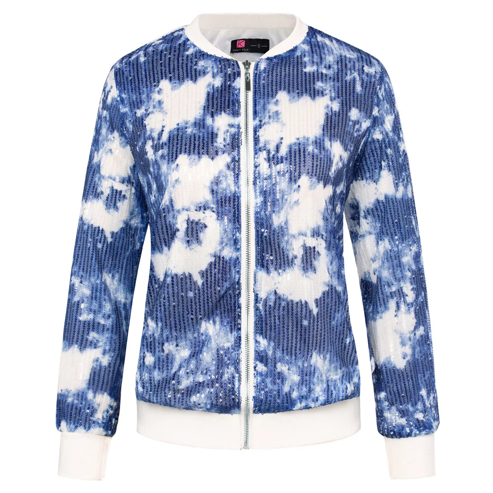 KK Women's Coat Sequined Tie Dye Printed Party Jacket Spring Autumn Long Sleeve Zip Up Base Ball Collar Coat Outerwear